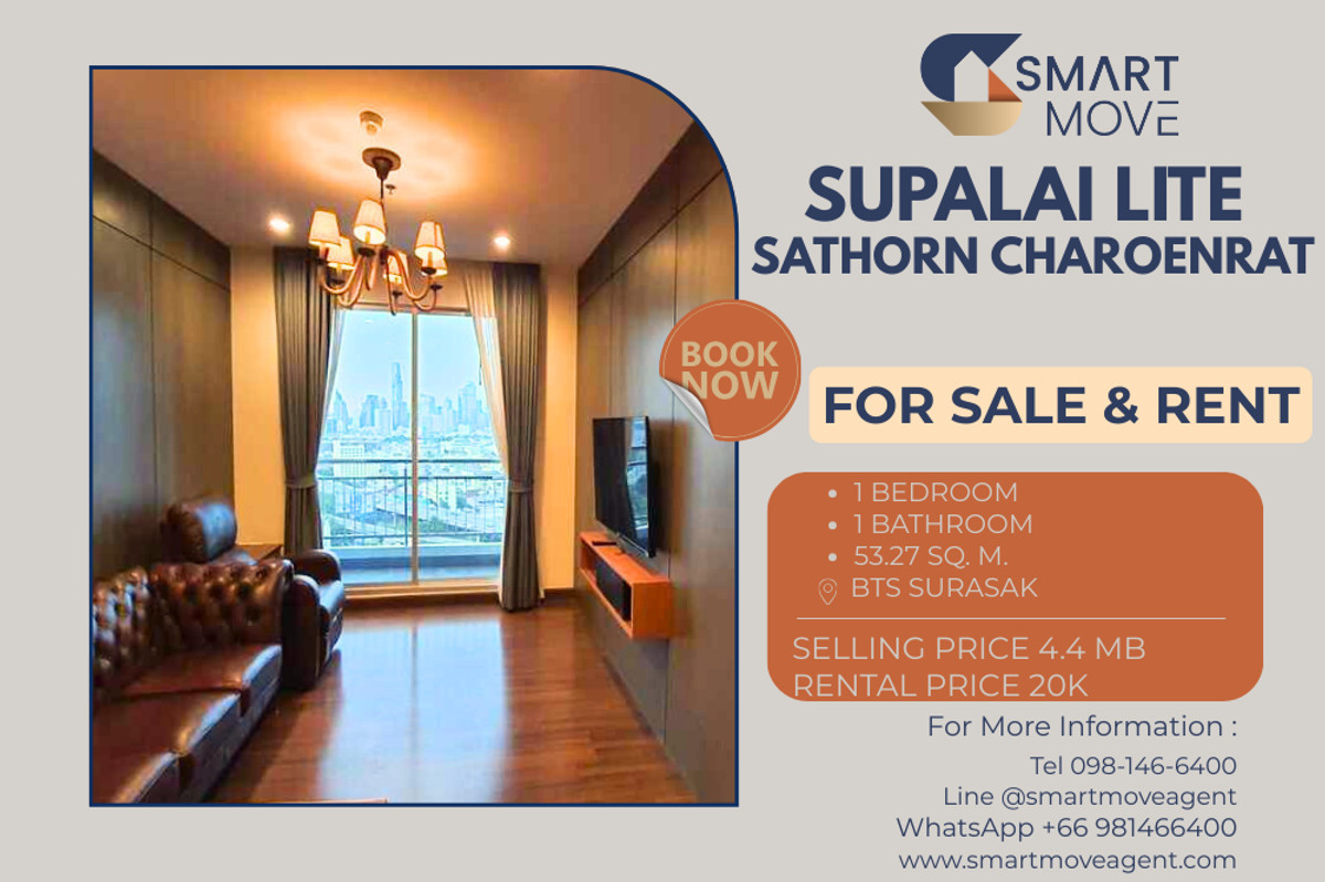 CondoSathorn, Narathiwat : 🔥 For Sale - Rent !! city view !! 🔥 Code C20241200049..........Supalai Lite Sathorn Charoenrat, 1 bedroom, 1 bathroom, high floor 18++, furnished, ready to move in, Special Deal!!📣📣