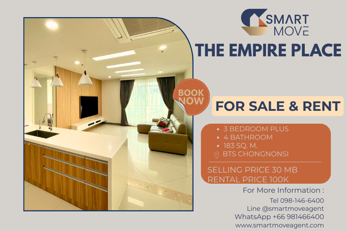 CondoSathorn, Narathiwat : 🔥 For Sale - Rent !! Wide living room, rare item !! 🔥 Code C20260200002..........The Empire Place, 3 bedroom, 4 bathroom, high floor 29++, furnished, ready to move in, Special Deal!!📣📣