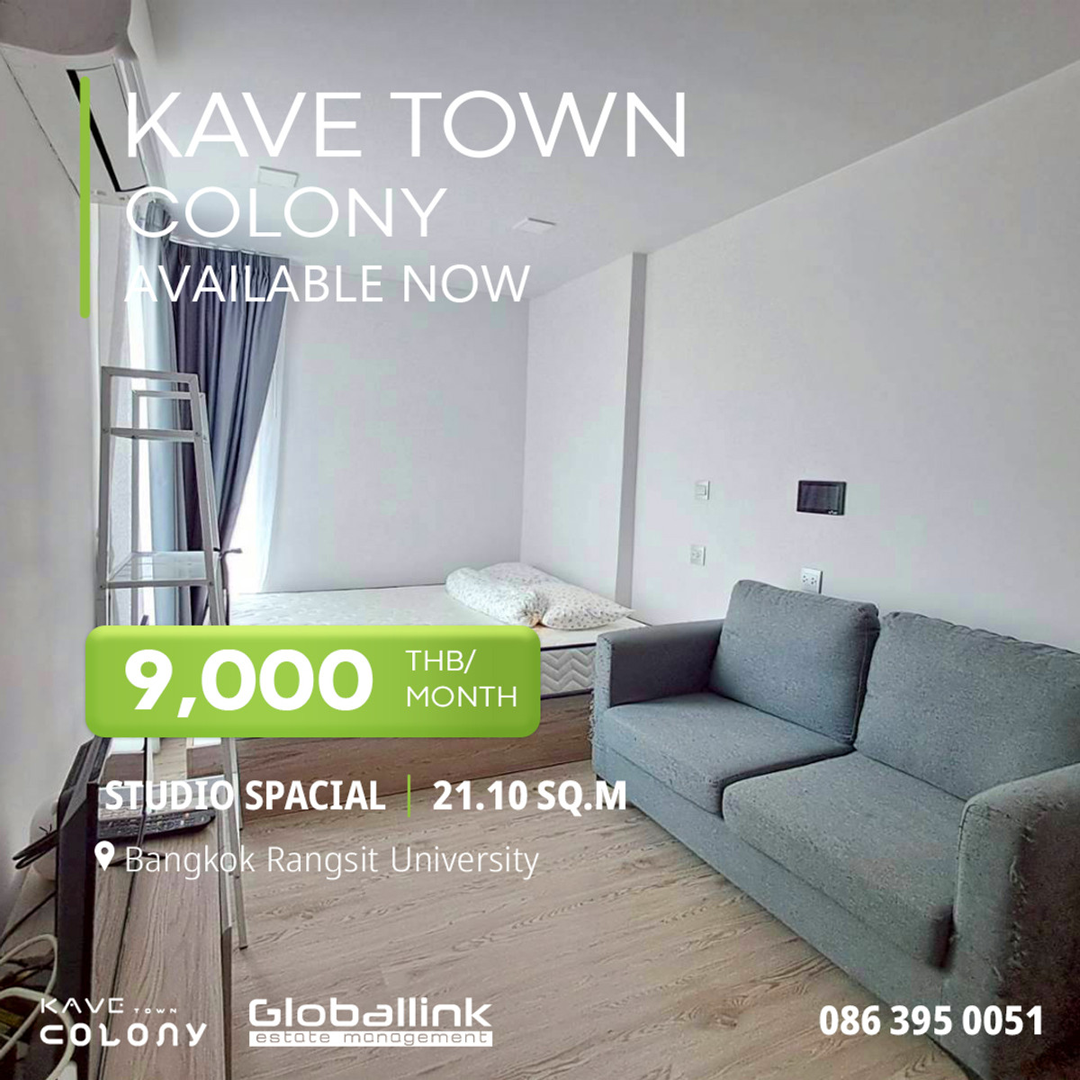 ให้เช่าคอนโดปทุมธานี รังสิต ธรรมศาสตร์ : โครงการ Kave Town Colony ค่าเช่า 9.000 บาท