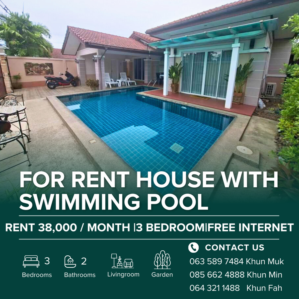 For RentHousePattaya, Bangsaen, Chonburi : 🏡 Private Pool Villa for Rent in Huai Yai Pattaya | Serene Place Village | Pet Friendly | 38,000 THB/month