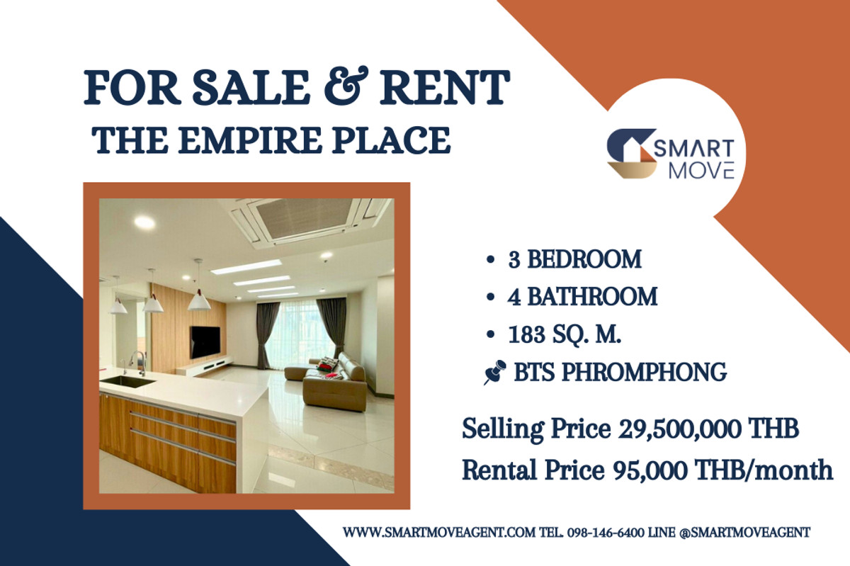 CondoSathorn, Narathiwat : 🔥 For Sale - Rent !! Wide living room, rare item !! 🔥 Code C20260200002..........The Empire Place, 3 bedroom, 4 bathroom, high floor 29++, furnished, ready to move in, Special Deal!!📣📣