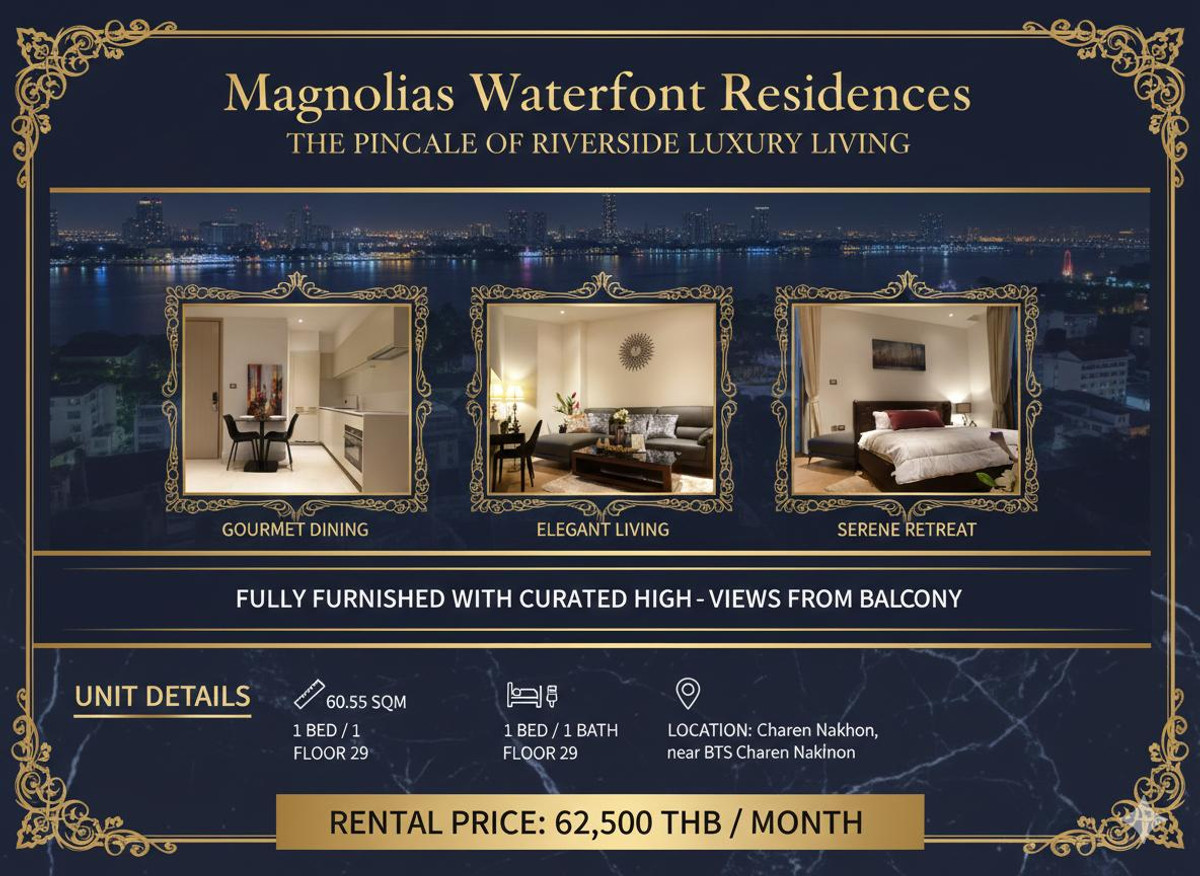 For RentCondoWongwianyai, Charoennakor : For rent!!! Magnolias Waterfront Residences, size 60.55 sq m, view of the Chao Phraya River. Line ID: @098bbzbo