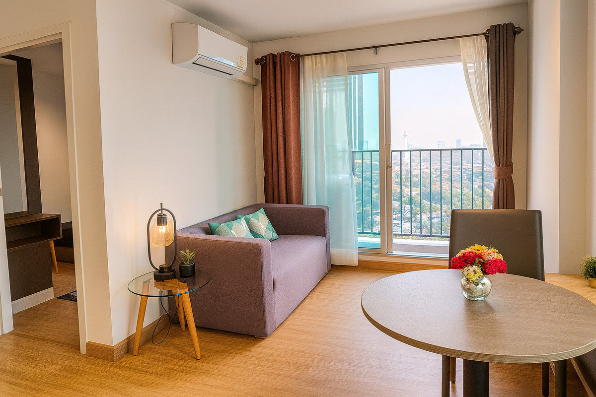 ให้เช่าคอนโดสมุทรปราการ สำโรง : ให้เช่าคอนโด ห้องมุมวิวแม่น้ำชัด The Trust @BTS Erawan เฟอร์ครบ พร้อมอยู่ (30 ตร.ม.)  