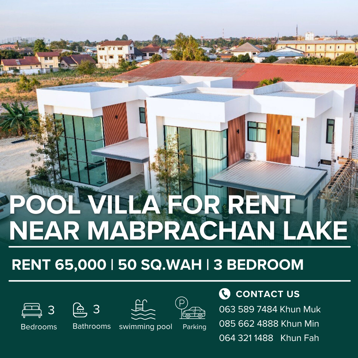 For RentHousePattaya, Bangsaen, Chonburi : 🏡✨ Pool Villa for Rent near Map Prachan Reservoir | 3 Bedrooms | Only 65,000 THB/month ✨