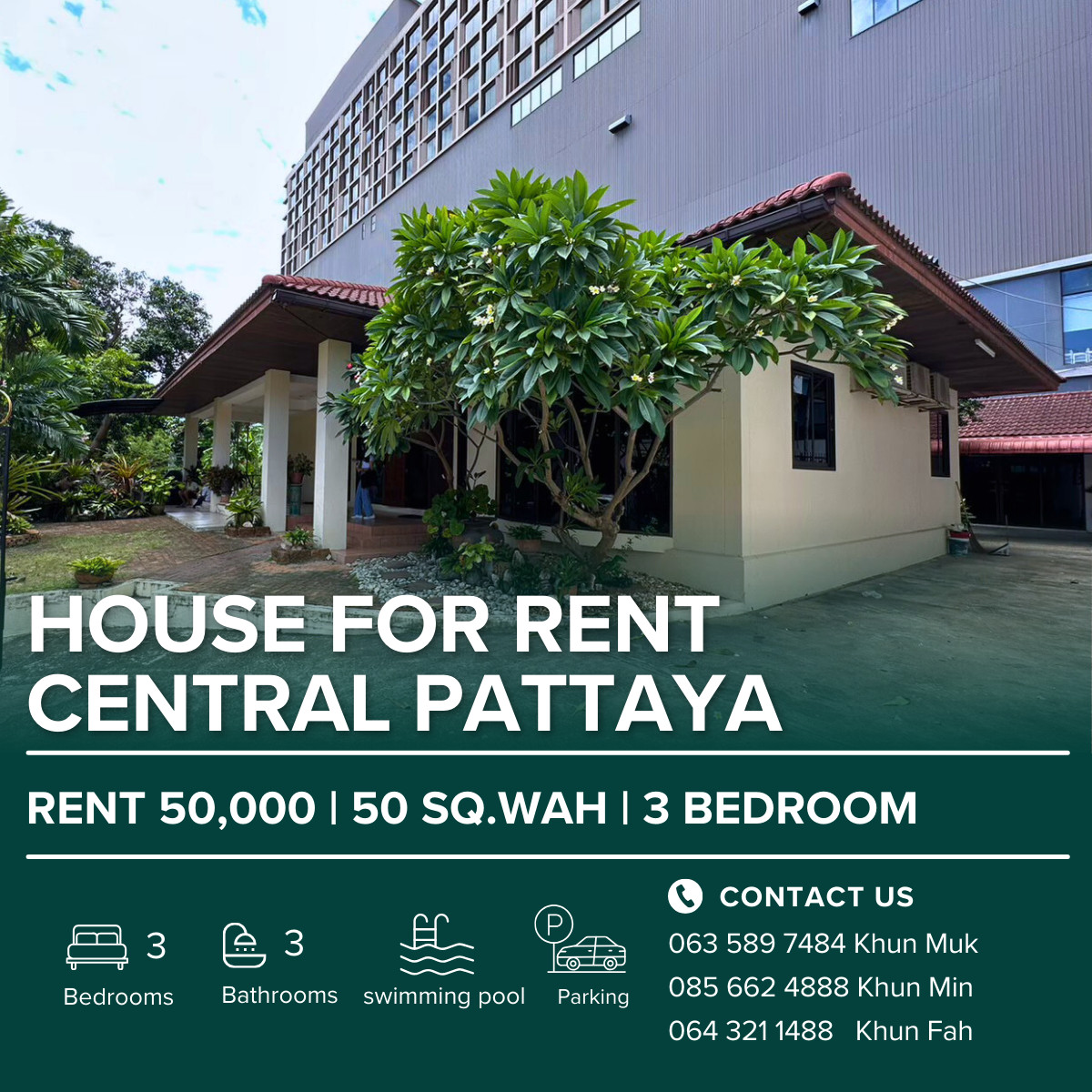 For RentHousePattaya, Bangsaen, Chonburi : House for Rent 3 Bedrooms Fully Furnished | Central Pattaya Road | 100 Sq.wah | 50,000 THB/month