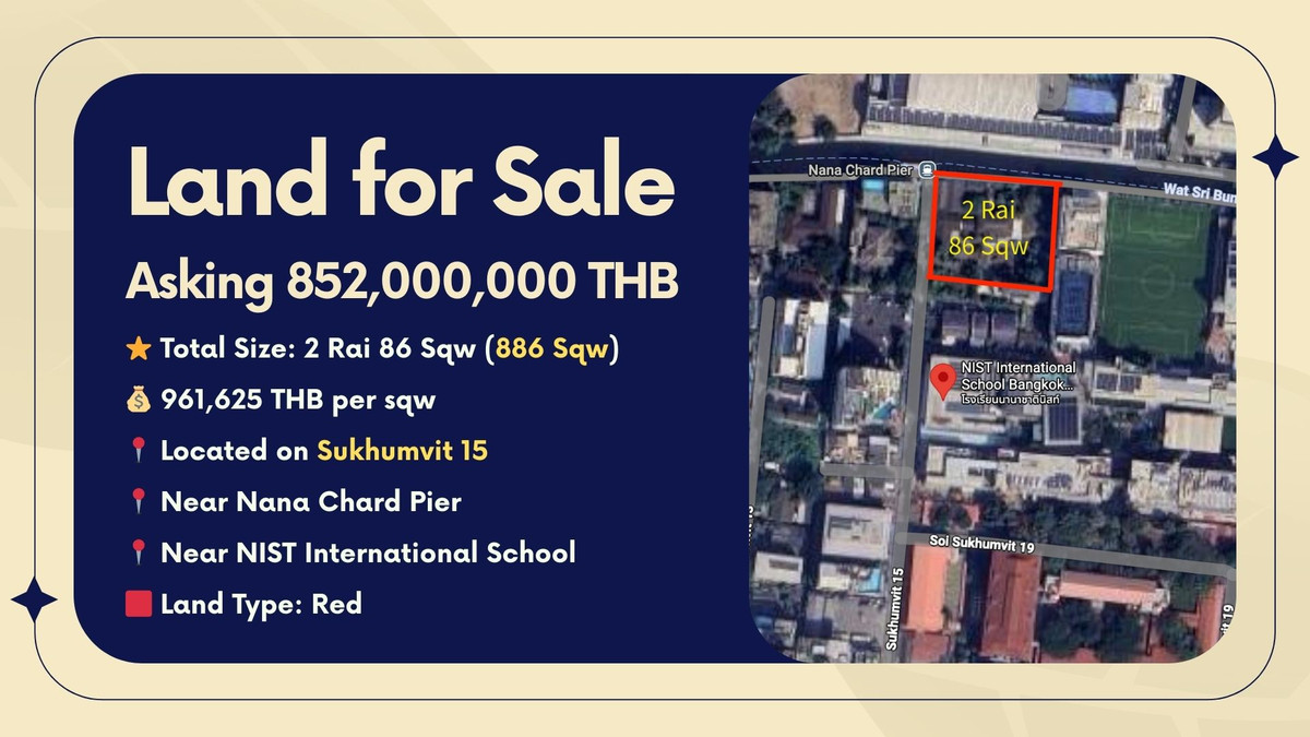 ขายที่ดินนานา : ขายที่ดินสุขุมวิท 15 ชนิดสีแดง ใกล้ท่าเรือนานาชาติ โรงเรียนนานาชาติ NIST