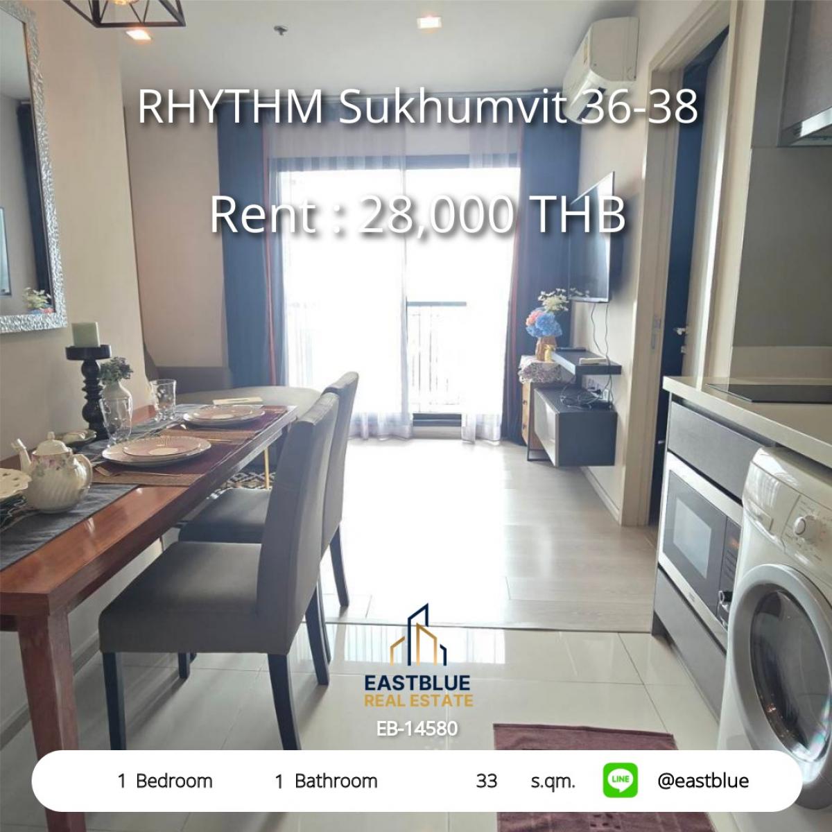 ให้เช่าคอนโดสุขุมวิท อโศก ทองหล่อ : 28/02/2026, เช่า RHYTHM สุขุมวิท 36-38 ติด BTS ทองหล่อ 28,000 บาท/เดือน 
1 ห้องนอน 33 ตรม. พร้อมสิ่งอำนวยความสะดวกครบครัน!