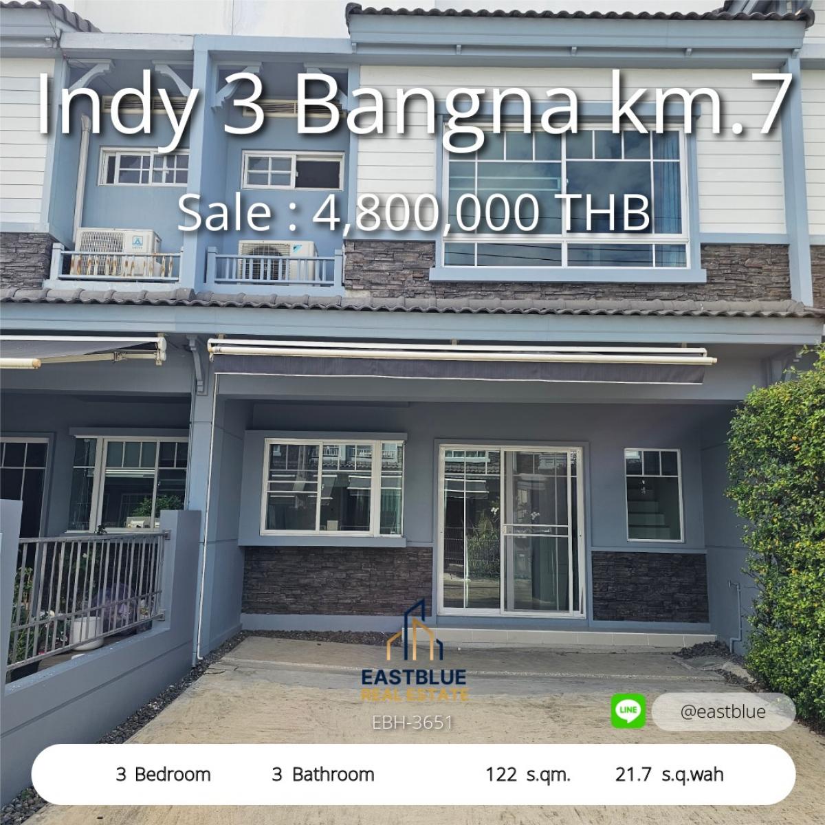 For SaleTownhomeSamut Prakan,Samrong : 06/02/2026, Rent-sale house Indy 3 Bangna, 3 bedrooms, 35,000 baht/month, near Central Bangna! 
Width area 122 sq m., land 21.7 sq m., good location, Bangna Km. 7.