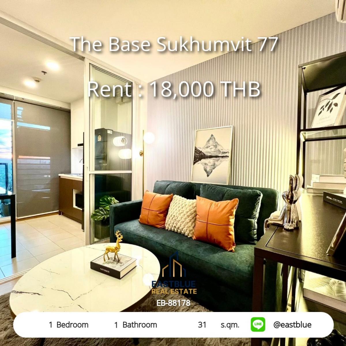For RentCondoOnnut, Udomsuk : Ready-to-move-in condo The Base Sukhumvit 77 near BTS On Nut
1 bedroom 18,000 baht/month with complete facilities!