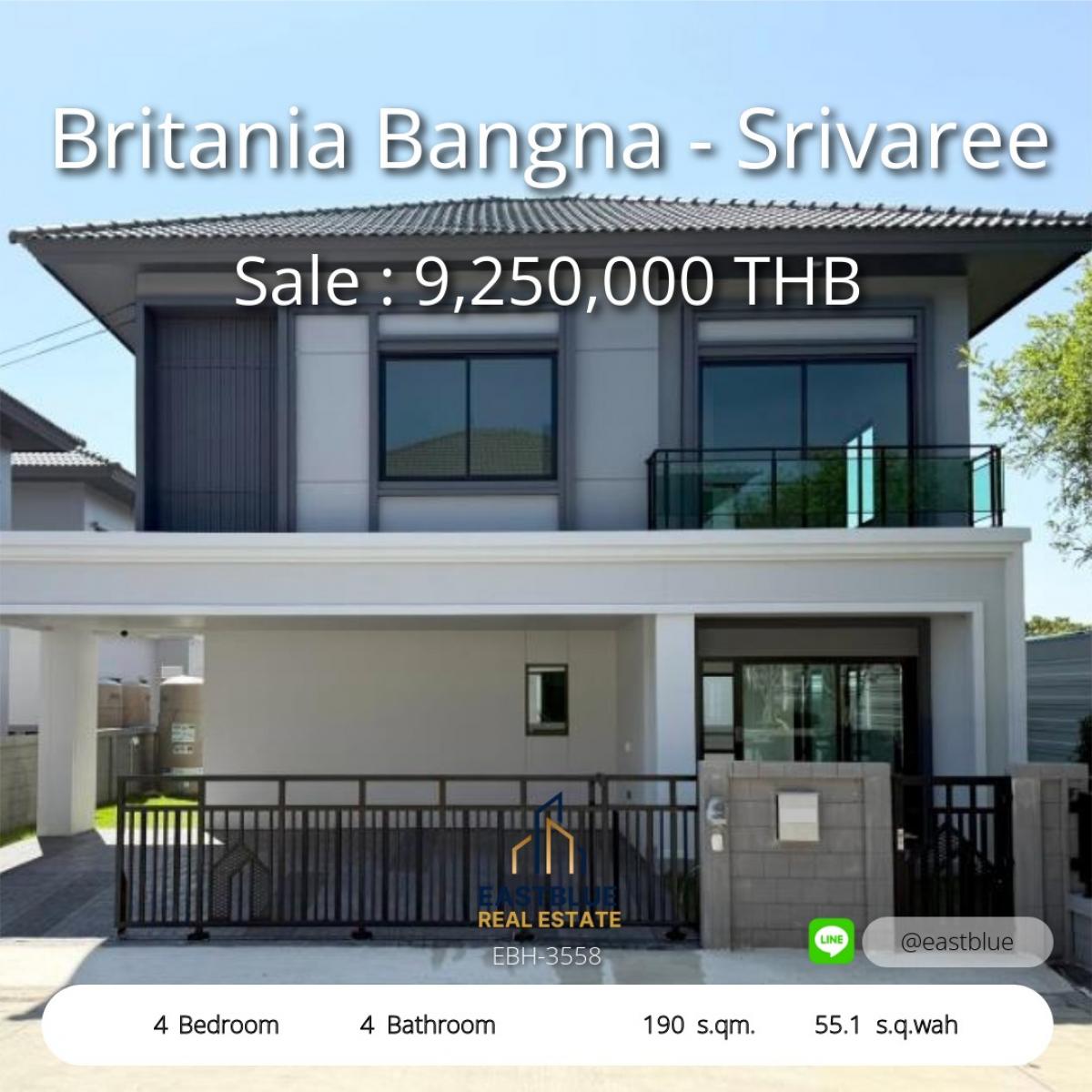 ขายบ้านบางนา แบริ่ง ลาซาล : 12/02/2026, บ้านสวย 4 ห้องนอน ใกล้สุวรรณภูมิ พร้อมอยู่ได้ทันที 
เช่าเพียง 75,000 บ./ด. หรือขาย 9.25 ลบ. ที่ Britania Bangna-Srivaree