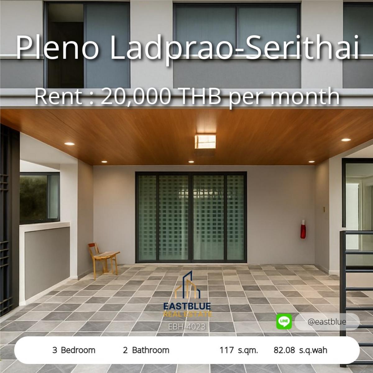 For RentTownhomeSeri Thai, Ramkhamhaeng Nida : 06/02/2026, Townhome for rent, Pleno Lat Phrao-Serithai, 3 bedrooms, ready to move in, near MRT The Mall Bangkapi. 
Fully furnished, free swimming pool, fitness center, price 20,000 baht/month. If interested, contact now!