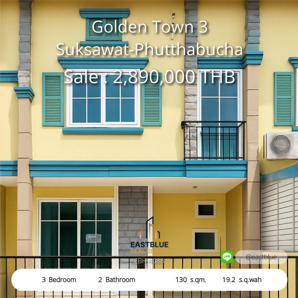 For SaleTownhomeRathburana, Suksawat : 06/02/2026, Townhome Golden Town 3 Suksawat-Phutthabucha, corner house, quiet, close to the city. 
Rent for only 17,000 baht/month or sell for 2.89 million, ready to move in!