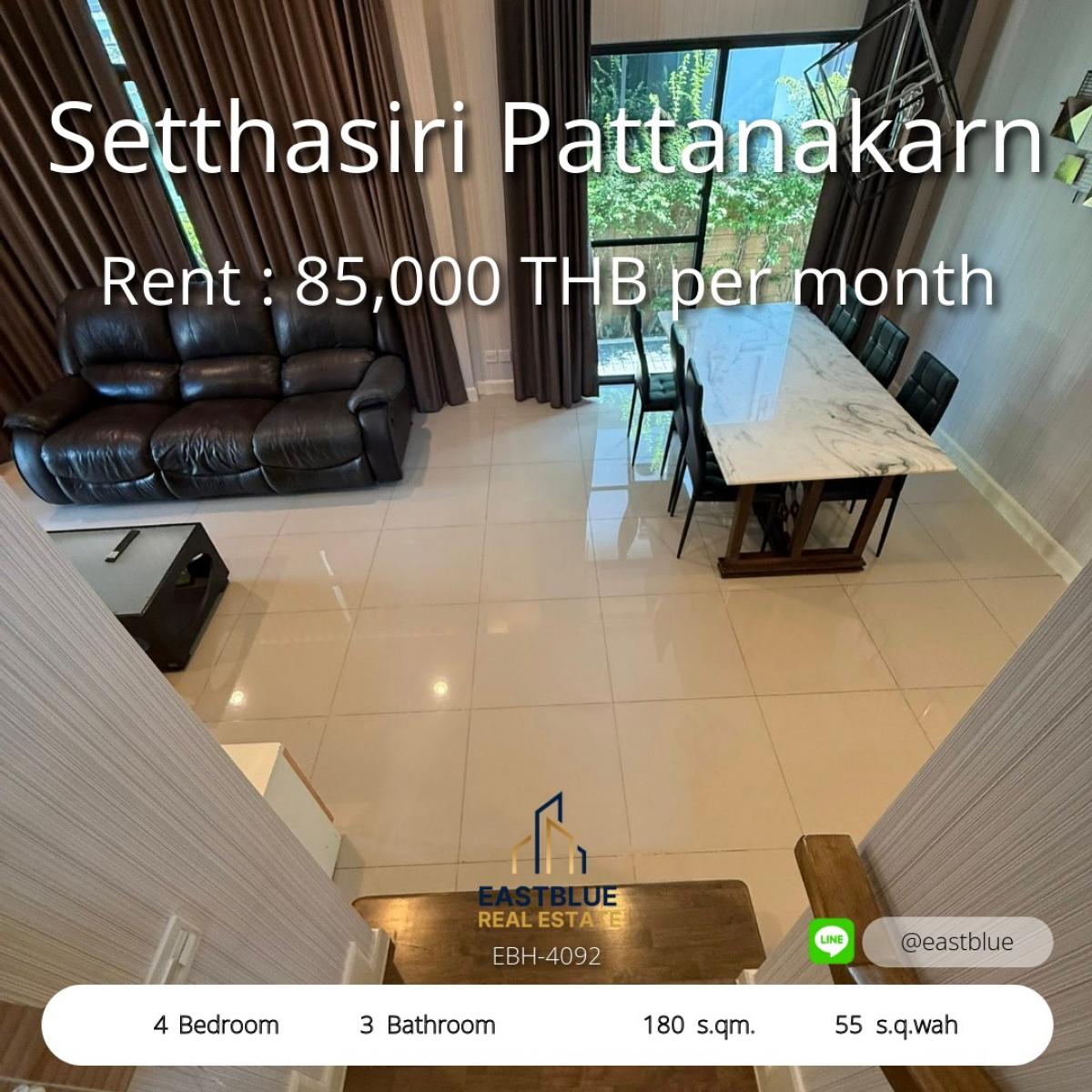 For RentHousePattanakan, Srinakarin : 06/02/2026, Single house with 4 bedrooms, modern style, ready to move in, area 180 sq m. 
Rent only 90,000 baht/month, near On Nut - Phatthanakan, perfect for every trip.