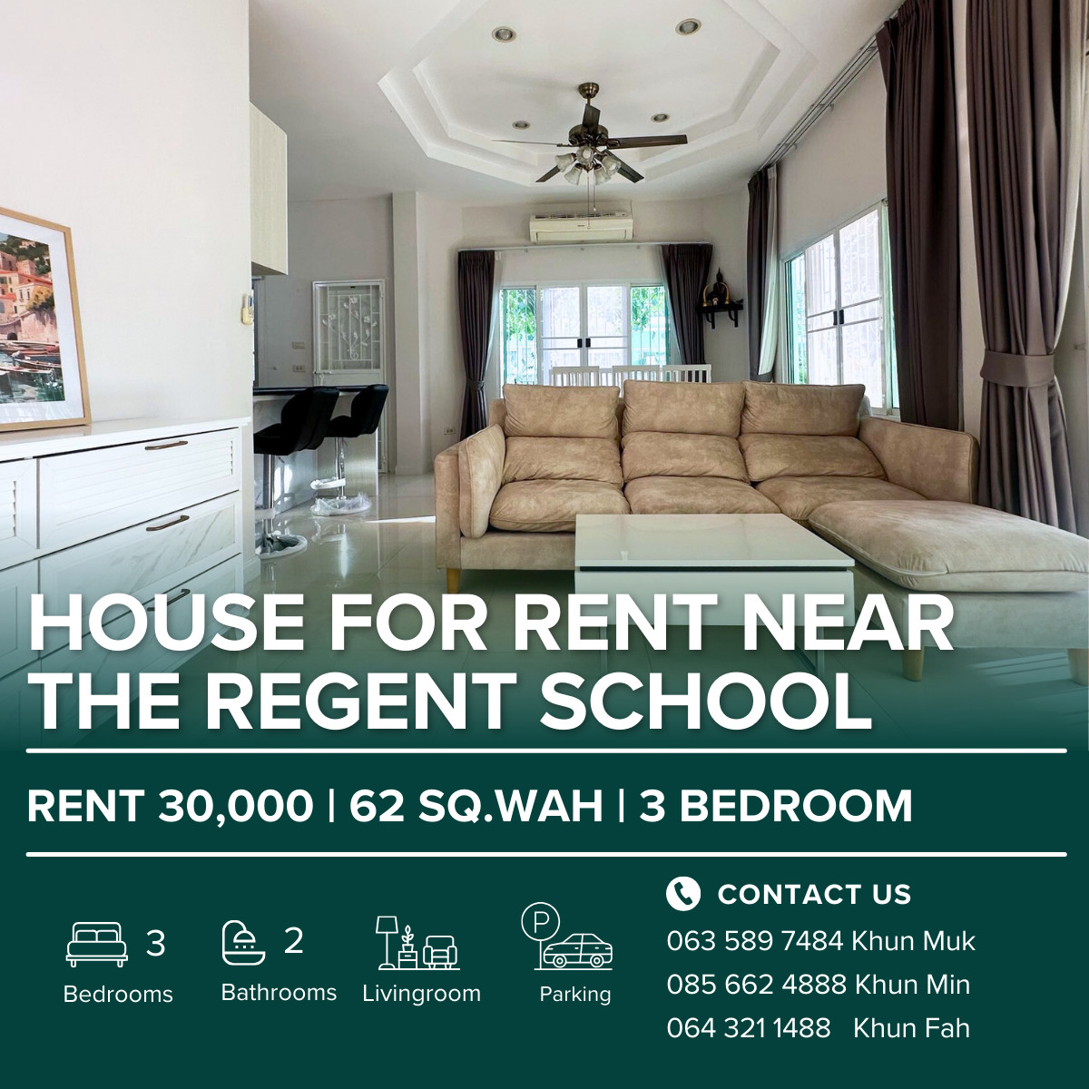 For RentHousePattaya, Bangsaen, Chonburi : Single house for rent, corner house 62 trangwa, 3 bedrooms, 2 bathrooms, near Regent's International School, Pattaya | 30,000 / month