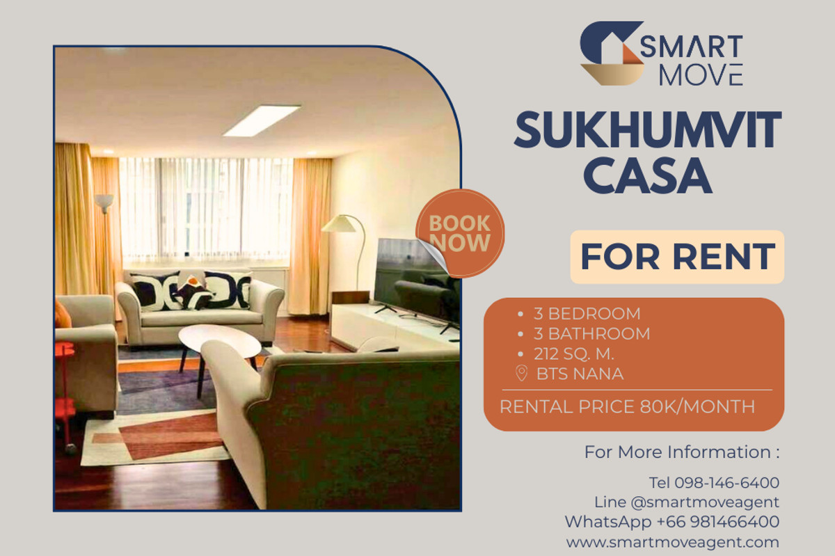 For RentCondoSukhumvit, Asoke, Thonglor : 🔥 For Rent !! Good location !! 🔥 Code C20260200003.........Sukhumvit Casa, 3 bedroom, 3 bathroom, furnished, ready to move in📣📣