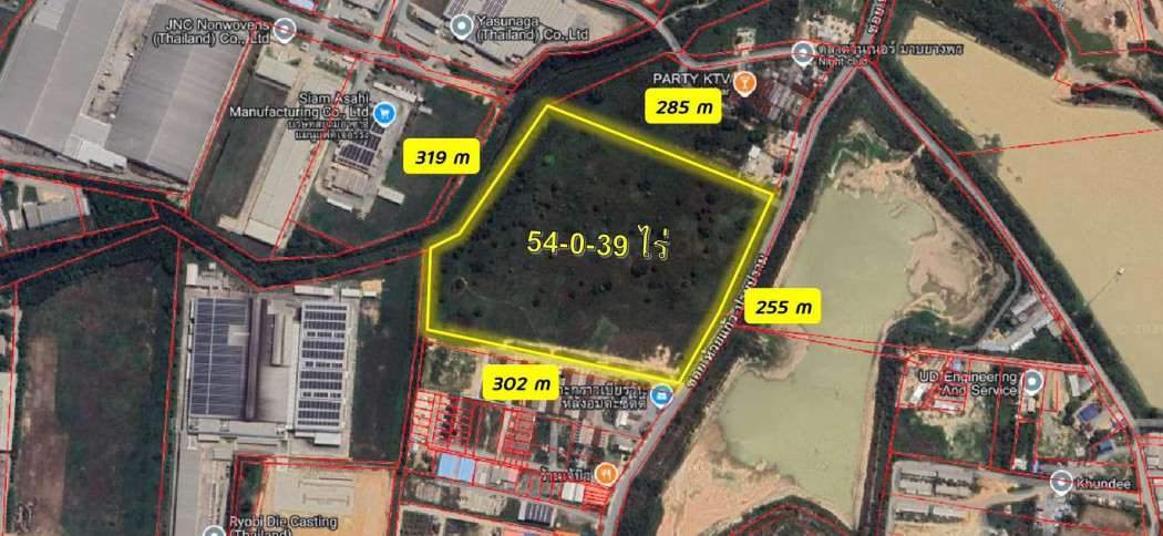 For SaleLandRayong : Industrial land for sale, 54 rai 39 sq.wa, zoned purple, adjacent to Amata City Industrial Estate.