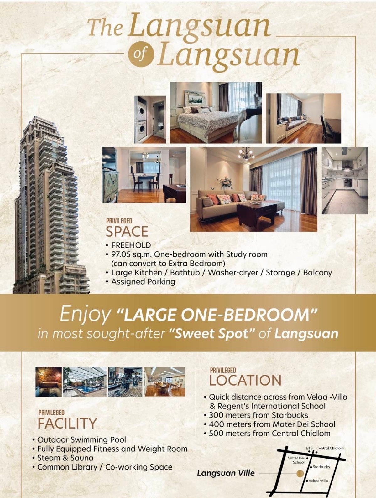 For SaleCondoWitthayu, Chidlom, Langsuan, Ploenchit : Langsuan Ville: 1+1 bed 1bath 97.05sqm. 17,000,000 transfer fee 50/50 Am: 0656199198
