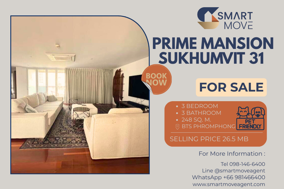 ขายคอนโดสุขุมวิท อโศก ทองหล่อ : 🔥 สำหรับขาย !! เลี้ยงสัตว์ได้, ทำเลทอง, ห้องไซส์ใหญ่ !! 🔥 Code C20260100056..........Prime Mansion Sukhumvit 31, 3 ห้องนอน, 3 ห้องน้ำ, แต่งครบ, ราคาพิเศษ!!📣📣
