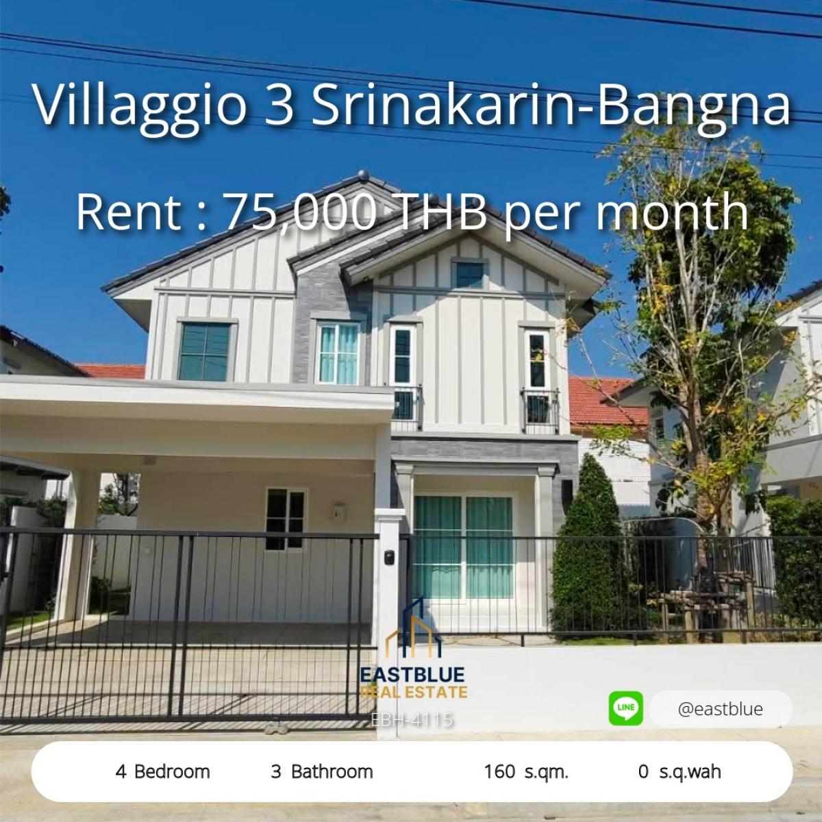For RentHouseBangna, Bearing, Lasalle : 12/02/2026, Single house for rent, Villaggio 3 Srinakarin-Bangna. 
4 bedrooms, fully furnished You can move in immediately. Near Mega Bangna!