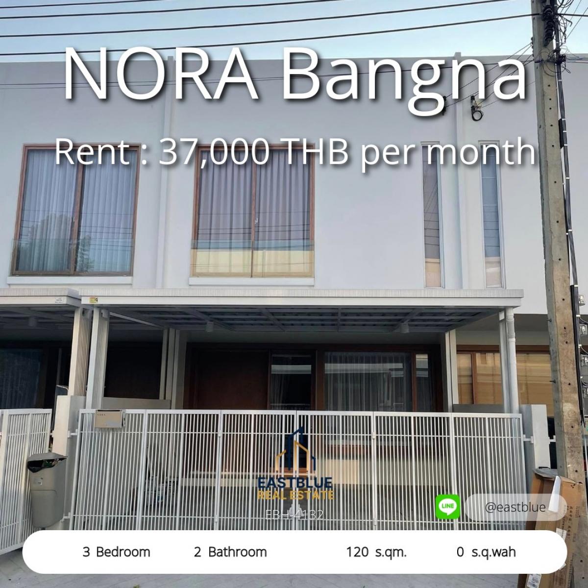 For RentTownhomeBangna, Bearing, Lasalle : 12/02/2026, Townhome for rent, NORA Bangna, 3 bedrooms, 37,000 baht/month, near Bangna Km.7. 
Usable area 120 sq m. Ready to move in, very convenient to travel!