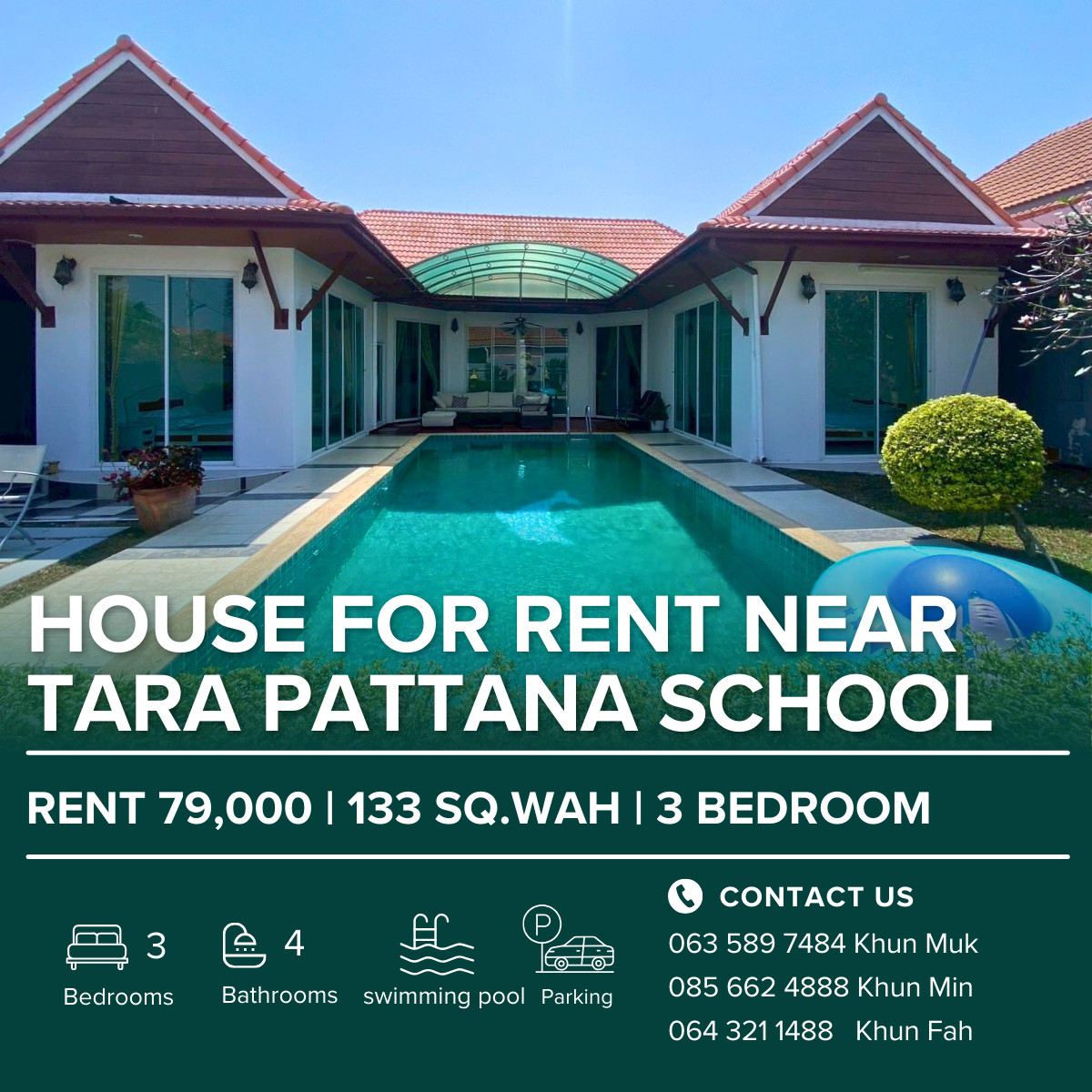 For RentHousePattaya, Bangsaen, Chonburi : 🏡 Pool Villa for Rent & Sale in Khao Talo, Pattaya| RENT 79,000 / month | 3 Bedrooms 4 Bathrooms | 133 Sq.Wah | Near Tara Pattana International School