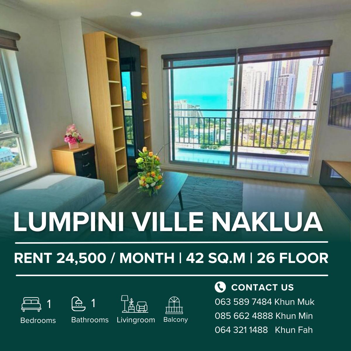 ให้เช่าคอนโดพัทยา บางแสน ชลบุรี สัตหีบ : 🌊 For Sale / Rent – RENT 24,500 / month | SALE 3.59 MBTH | Lumpini Ville Naklua Wongamat Condo | High Floor | Sea View | Newly Renovated