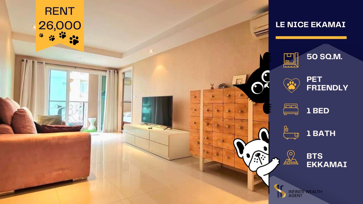 For RentCondoSukhumvit, Asoke, Thonglor : 🐶🐱 Pet-friendly unit for rent at Le Nice Ekamai 🏙️ Beautifully decorated with full wallpaper throughout the room – stylish and cozy ✨