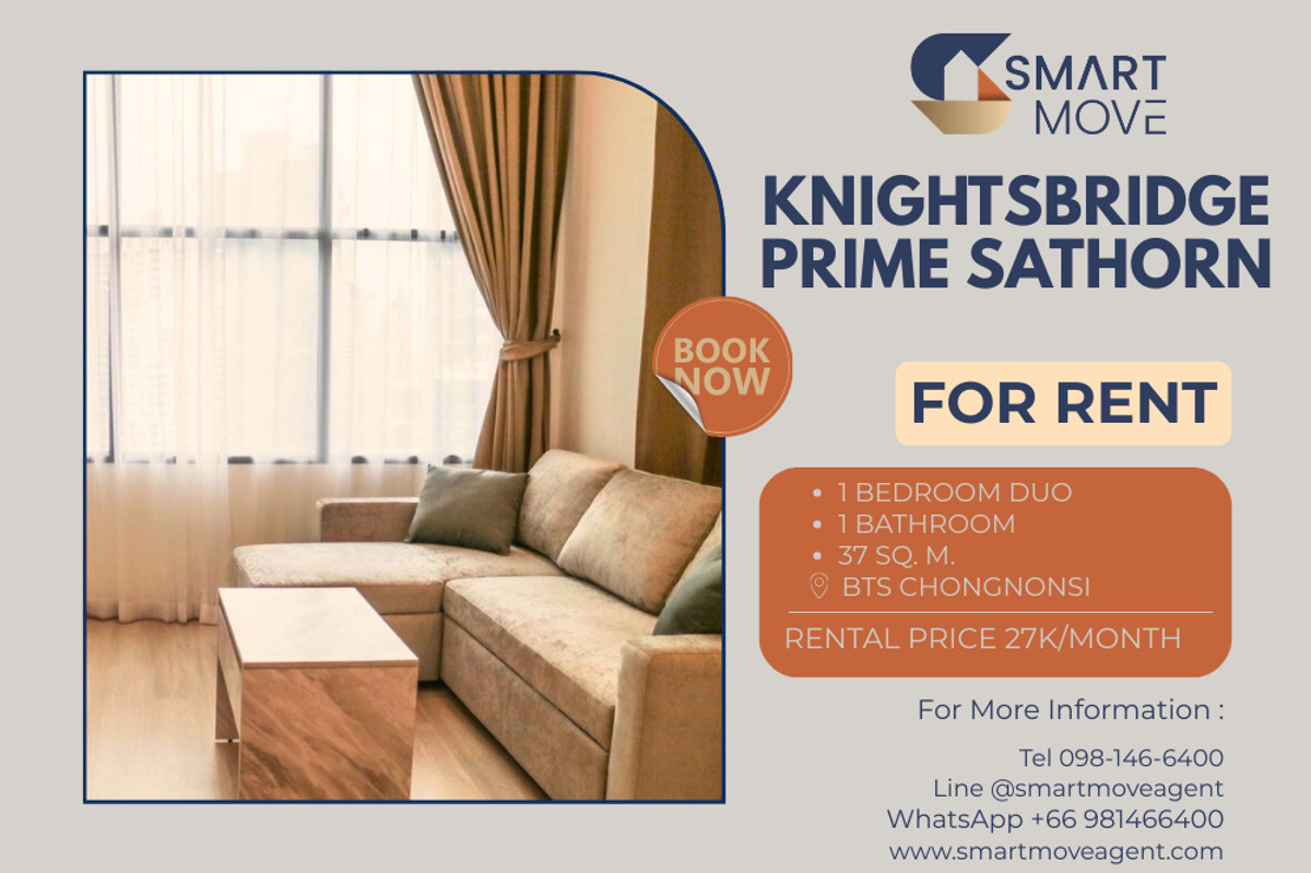 For RentCondoSathorn, Narathiwat : 🔥 For Rent !! city view, high floor 33++ !!🔥 Code C20230900001..........KnightsBridge Prime Sathorn, 1 bedroom Duo, 1 bathroom, furnished, ready to move in📣📣