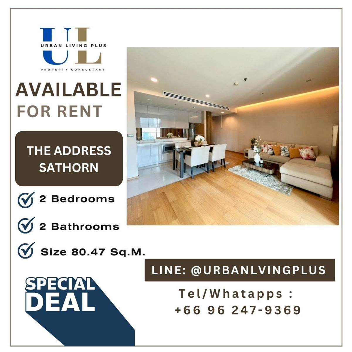 ให้เช่าคอนโดสาทร นราธิวาส : ( UL2602181 ) Tel/Line 096-2479369 , ให้เช่า ดิ แอดเดรส สาทร 2 ห้องนอน 2 ห้องน้ำ 82 ตร.ม ห้องมุม ตำแหน่งหายาก ราคาพิเศษ!!!🔥🔥