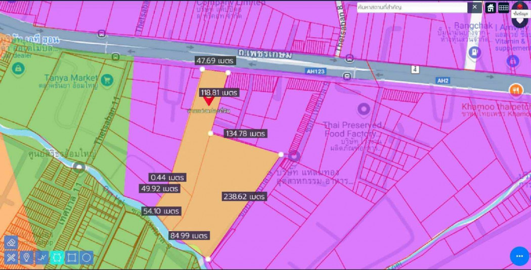 For SaleLandPhutthamonthon, Salaya : Land for sale, dark purple zone, 22 rai 3 ngan 16 square wah, adjacent to Phetkasem Road.