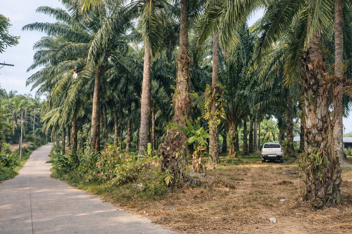ขายที่ดินกระบี่ : 🌴 ที่ดินสวนปาล์ม 6 ไร่กว่า + บ้าน 1 หลัง 🔥 ทำเลพรีเมียม ใกล้สระมรกตเพียง 1 กม. – คลองท่อมเหนือ, กระบี่