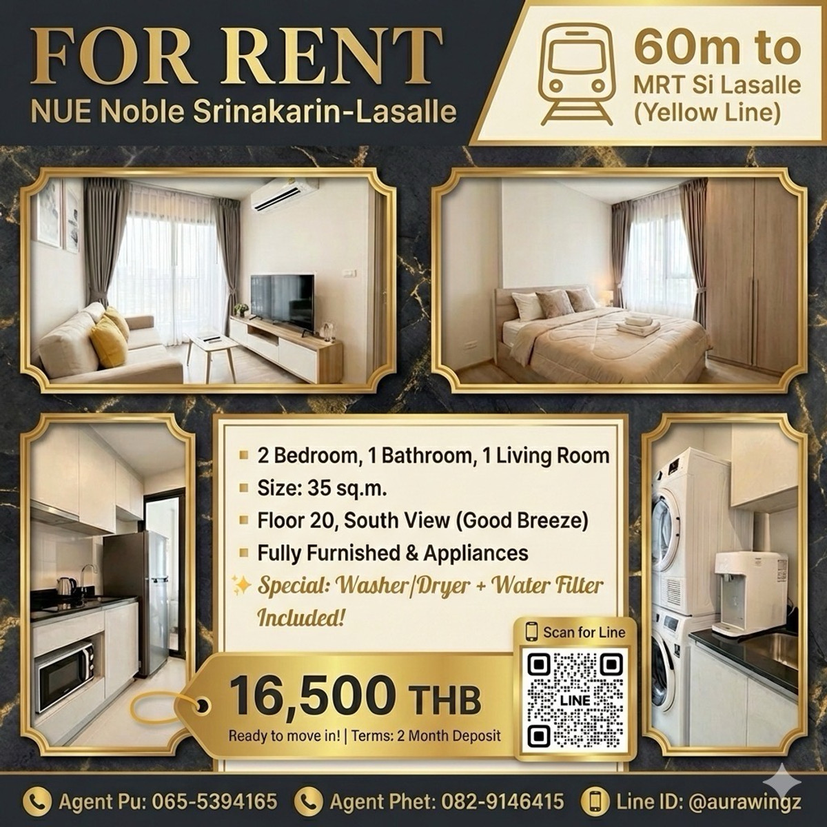 ให้เช่าคอนโดพัฒนาการ ศรีนครินทร์ : [FOR RENT] 2 ห้องนอน แต่งครบ จบที่นี่! นิว โนเบิล ศรีนครินทร์-ลาซาล 🚝 ติด MRT 60 เมตร!