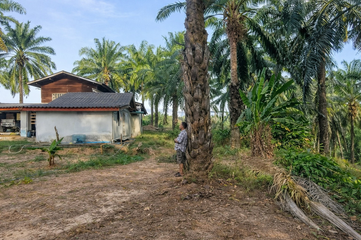 ขายที่ดินกระบี่ : 🌴 ที่ดินสวนปาล์ม 6 ไร่กว่า + บ้าน 1 หลัง 🔥 ทำเลพรีเมียม ใกล้สระมรกตเพียง 1 กม. – คลองท่อมเหนือ, กระบี่