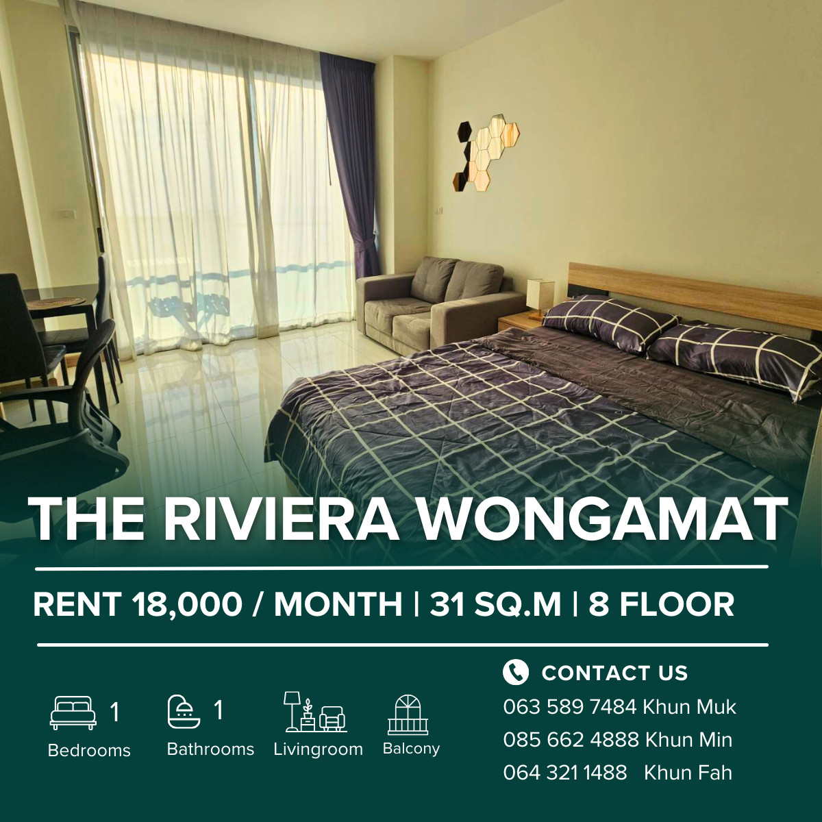 For RentCondoPattaya, Bangsaen, Chonburi : The Riviera Wongamat Beach For Rent 18,000 THB/Month | Studio | Sea view+ Pool View | 8 Floor