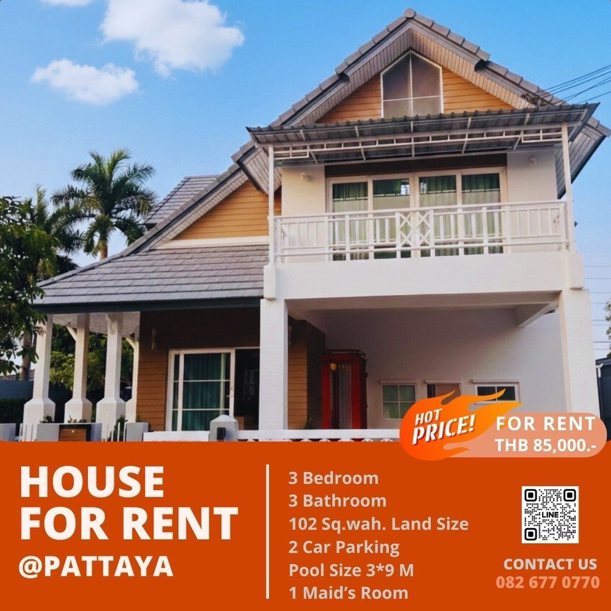 For RentHousePattaya, Bangsaen, Chonburi : [FOR RENT] Luxury Single House with Private Pool – Spacious 102 Sq.wah