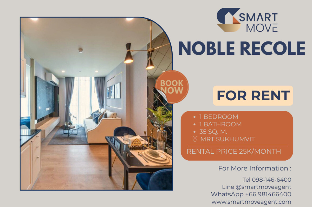 For RentCondoSukhumvit, Asoke, Thonglor : 🔥 For Rent !! prime area !! 🔥 Code C20230100888..........Noble Recole, 1 bedroom, 1 bathroom, furnished, ready to move in📣📣