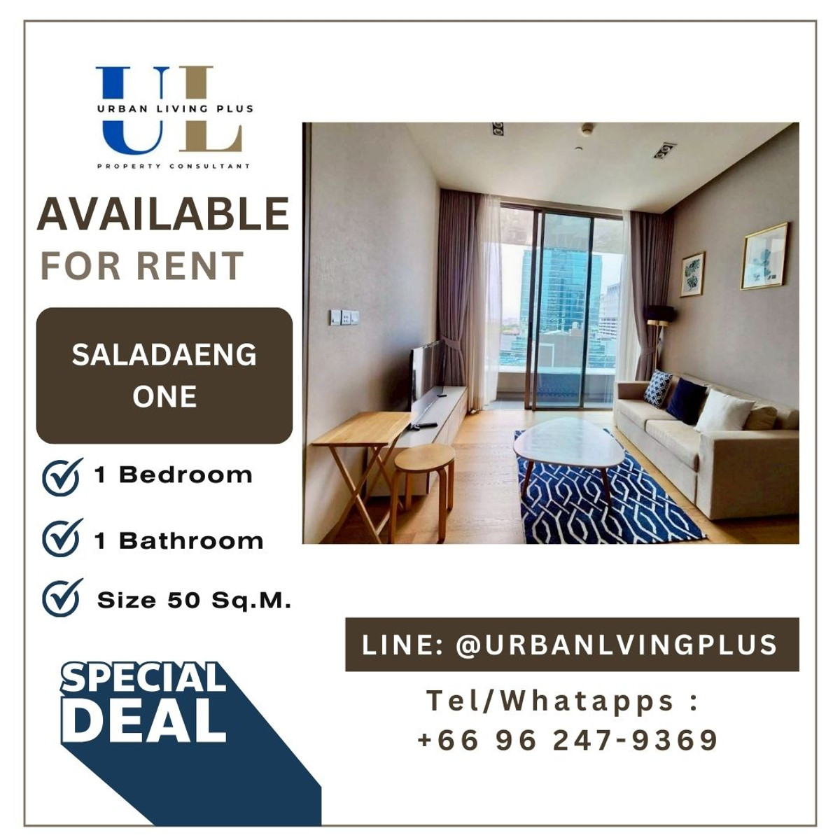 For RentCondoSilom, Saladaeng, Bangrak : ( UL2602201 ) Tel/Line 096-2479369, FOR RENT Saladaeng One 1 bedroom, 1 bathroom 52 Sq.M., fully furnished, ready to move in
