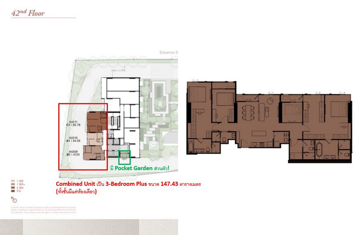 For SaleCondoSukhumvit, Asoke, Thonglor : Call : 092-926-2956 New Condo Reference Ekkamai 3-Bedroom Plus 4-Bathroom Combined Unit, Only one unit on the entire floor, Direct access to a private pocket garden, Total area 147.43 sq.m