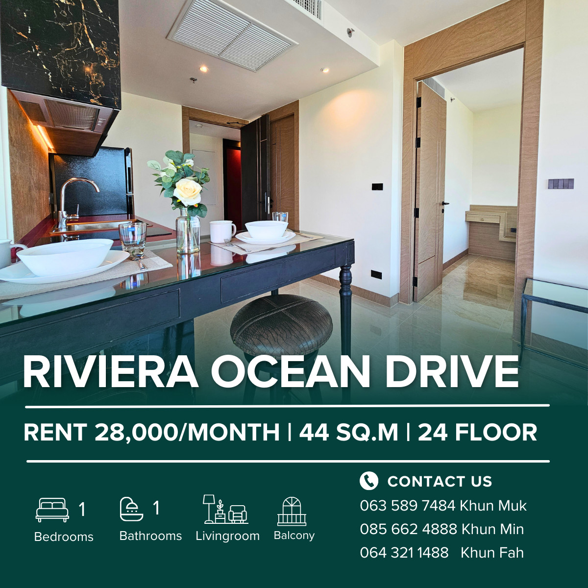 For RentCondoPattaya, Bangsaen, Chonburi : 🌊 FOR RENT The Riviera Ocean Drive  28,000 THB/Month | 44 SQ.M. | 24th Floor | Jomtien