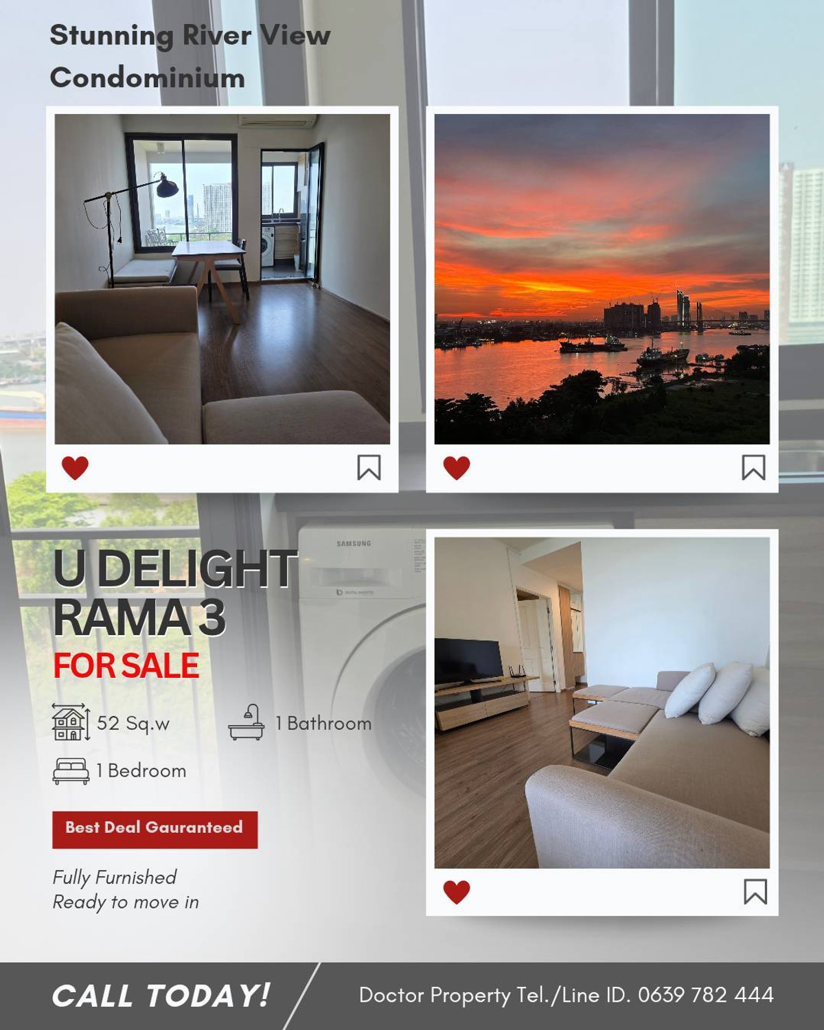 For SaleCondoRama3 (Riverside),Satupadit : Best Deal Gauranteed! Riverfront Condo with Stunning River View |  U Delight Residence Riverfront for SALE 1BR 52 SQ.M. Fully Furnished 🔥 亏本出售！湄南河景观公寓 1卧52平米 即买即住 全项目最低价！