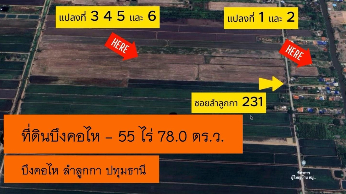 ขายที่ดินปทุมธานี รังสิต ธรรมศาสตร์ : ขายที่ดิน 55 ไร่ บึงคอไห ลำลูกกา คลอง 12 โฉนดครบ เข้าออกได้ 2 ทาง เหมาะสําหรับลงทุนระยะยาว