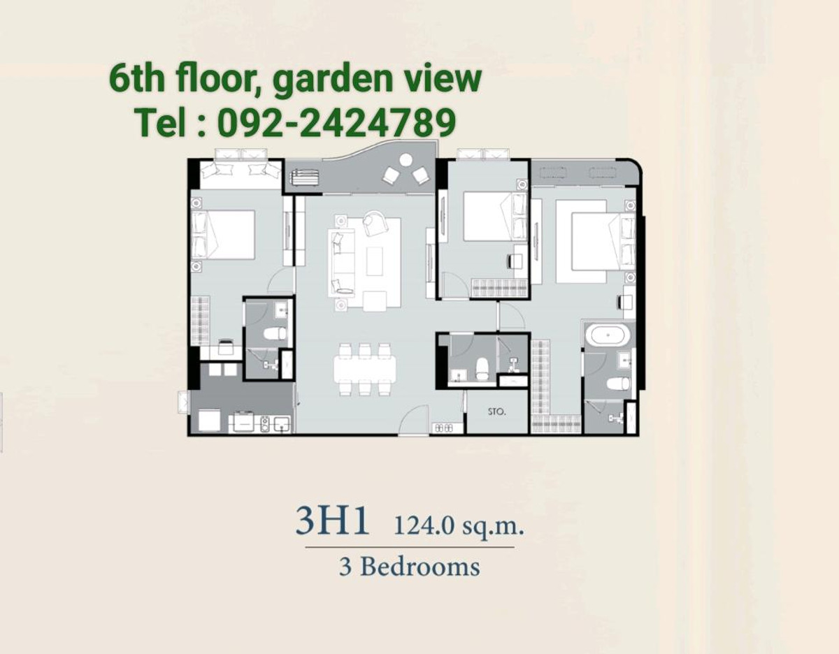 ขายดาวน์คอนโดสุขุมวิท อโศก ทองหล่อ : ขายห้องวิวสวน 3 ห้องนอน ได้สิทธิ์จอดรถ 2 คัน 124 ตร.ม.