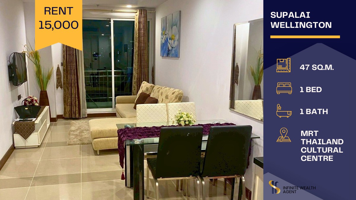 For RentCondoRama9, Petchburi, RCA : 🏡✨ City-center condo with a cozy home-like feeling at Supalai Wellington, only 370 meters from MRT 🚆 Fully equipped kitchen with electric stove & hood, plus a spacious 6-ft bed for ultimate comfort 💖