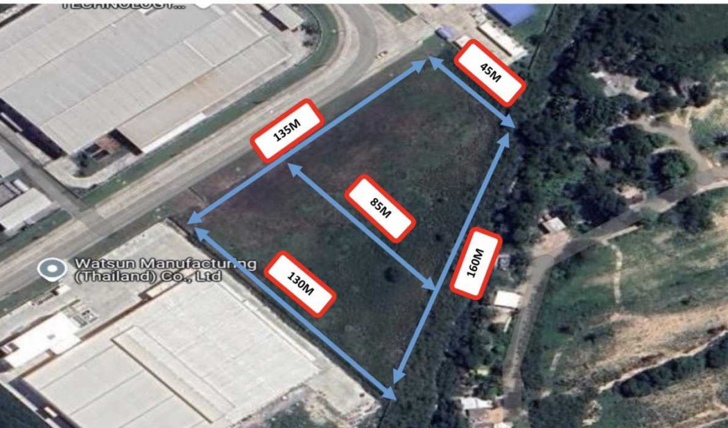 For SaleLandPattaya, Bangsaen, Chonburi : Industrial land for sale, purple zone (industrial), 7 rai 3 ngan (approximately 2.8 acres), with a wide frontage along the road.