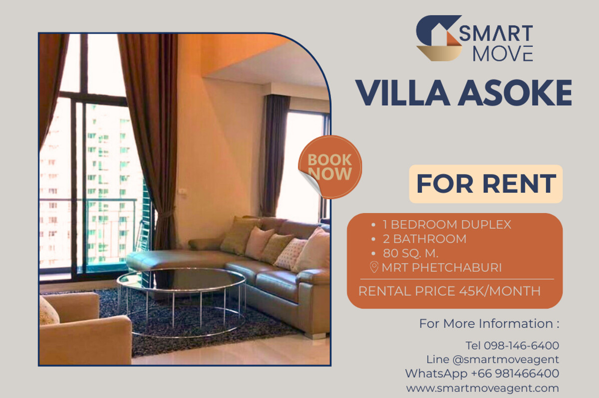 For RentCondoRama9, Petchburi, RCA : 🔥 For Rent !! city view, high floor 24++, corner room, Good location !! 🔥 Code C20230104690..........Villa Asoke, 1 bedroom Duplex, 2 bathroom, furnished, ready to move in📣📣