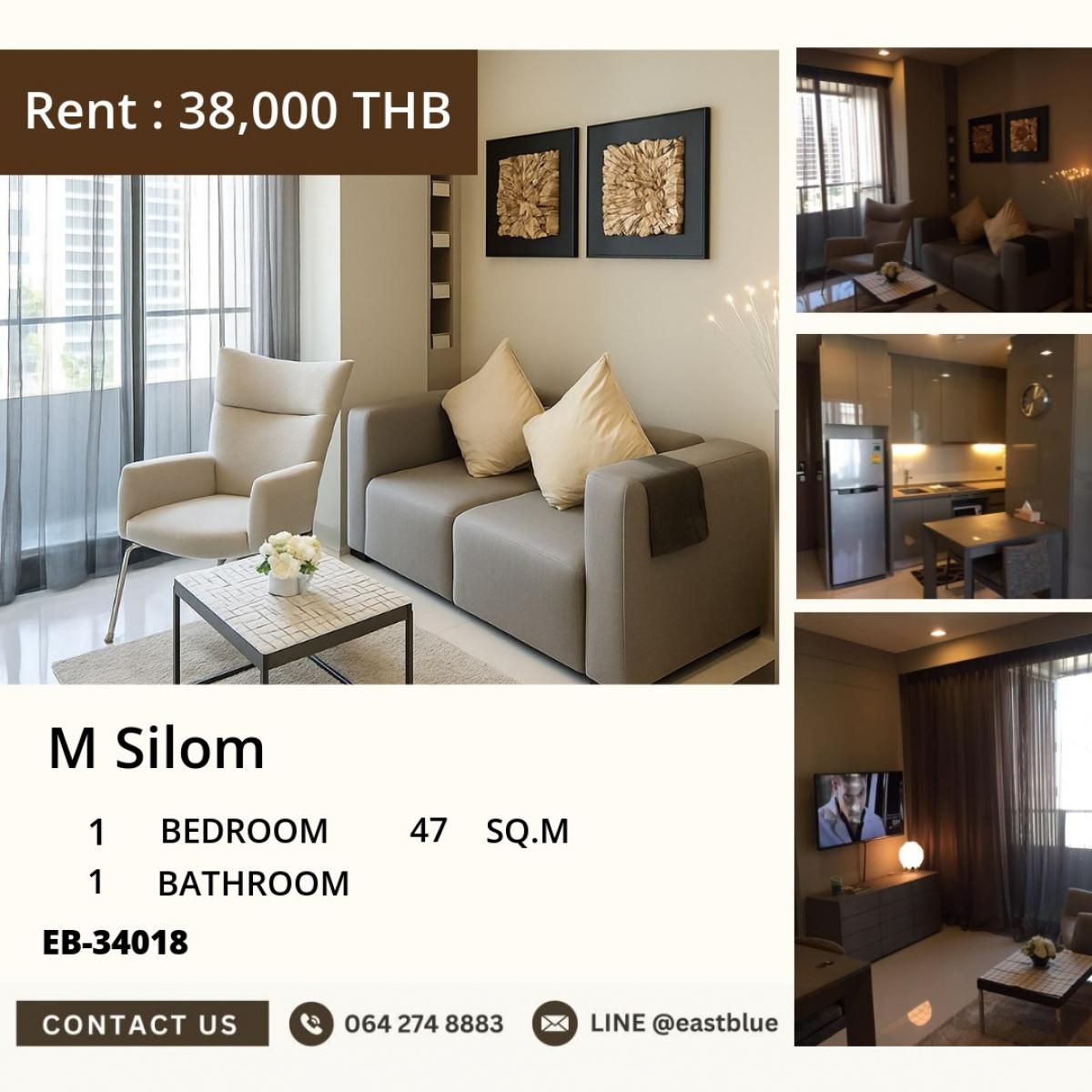 ให้เช่าคอนโดสีลม ศาลาแดง บางรัก : 07/03/2026, ใจกลางสีลม! คอนโด M Silom 1 ห้องนอน 47 ตร.ม. พร้อมสิ่งอำนวยความสะดวกครบ 
เช่าเพียง 38,000 บาท/เดือน ใกล้ BTS Chong Nonsi และสถานที่สำคัญมากมาย!