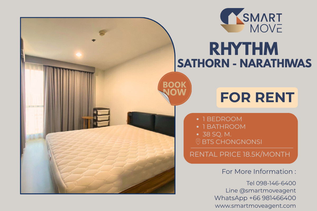 For RentCondoSathorn, Narathiwat : 🔥 For Rent !! high floor 16++, South Facing !! 🔥 Code C20221201024..........Rhythm Sathorn - Narathiwas, 1 bedroom, 1 bathroom, furnished, ready to move in📣📣