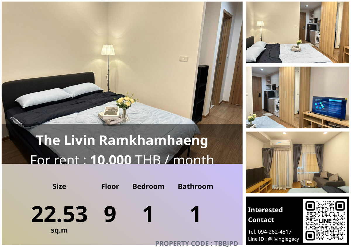 For RentCondoRamkhamhaeng, Hua Mak : TBBJPD Condo for rent The Livin Ramkhamhaeng 22.53 sq m, 9th floor line id : @livinglegacy