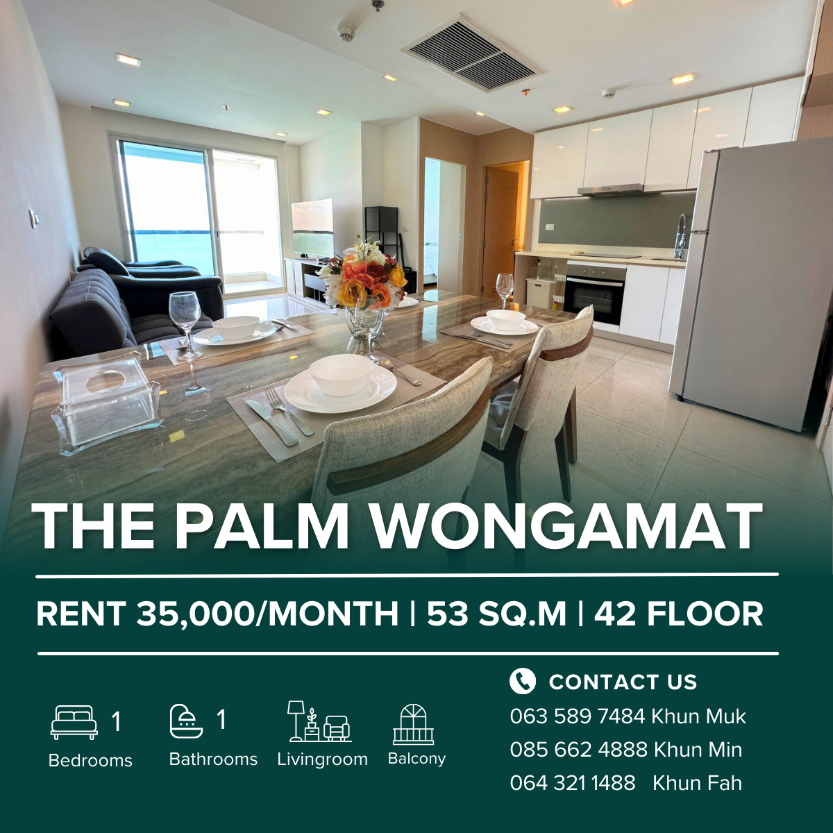 For RentCondoPattaya, Bangsaen, Chonburi : Beachfront Condo for Rent – The Palm Wongamat | 1 Bedroom, 53 SQ.M., 42th Floor | 35,000 THB/Month | Sea view