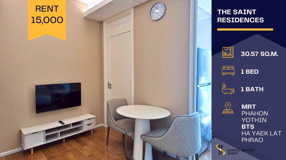 For RentCondoLadprao, Central Ladprao : 🌟 Condo for rent at The Saint Residences – Special price only 15,000 THB/month! 🔥 Brand-new room, never occupied. Be the first person to live in this beautiful unit! ✨